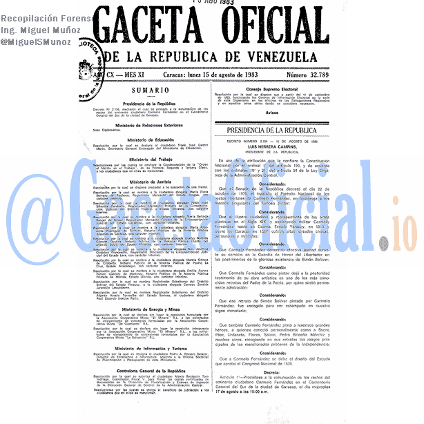 Gaceta Oficial 32789 del 15 Agosto 1983