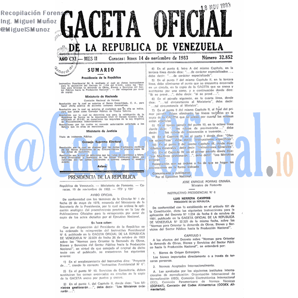 Gaceta Oficial 32852 del 14 Noviembre 1983