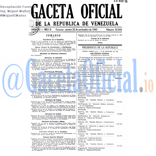 Gaceta Oficial 32858 del 22 Noviembre 1983