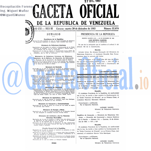 Gaceta Oficial 32878 del 20 Diciembre 1983