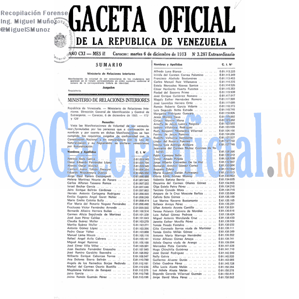 Gaceta Oficial 3287 del 6 Diciembre 1983