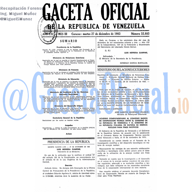 Gaceta Oficial 32883 del 27 Diciembre 1983