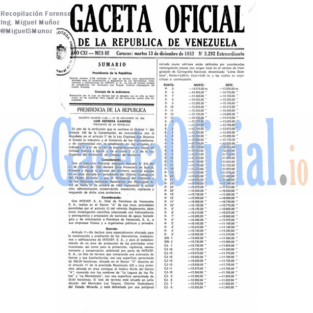 Gaceta Oficial 3292 del 13 Diciembre 1983