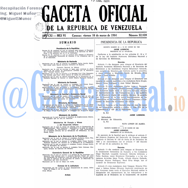 Gaceta Oficial 32939 del 16 Marzo 1984