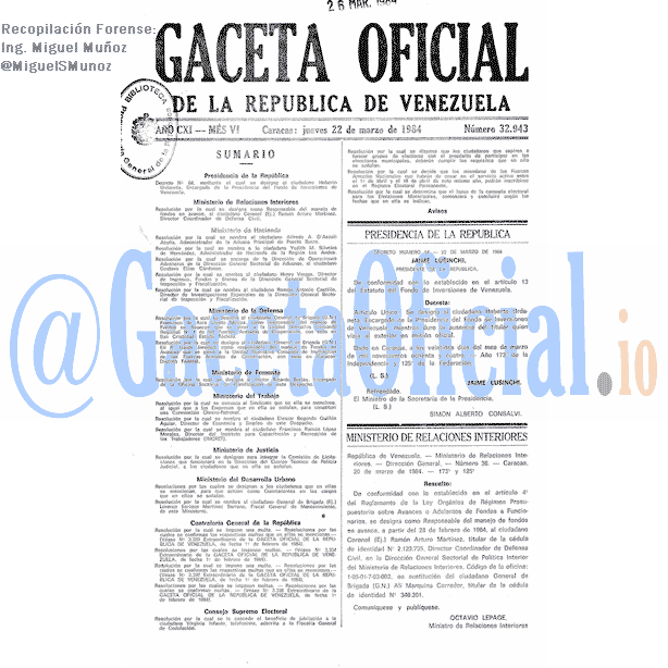 Gaceta Oficial 32943 del 22 Marzo 1984