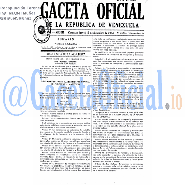 Gaceta Oficial 3294 del 15 Diciembre 1983