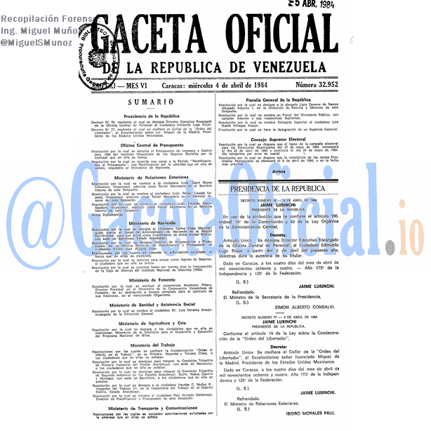 Gaceta Oficial 32952 del 4 Abril 1984