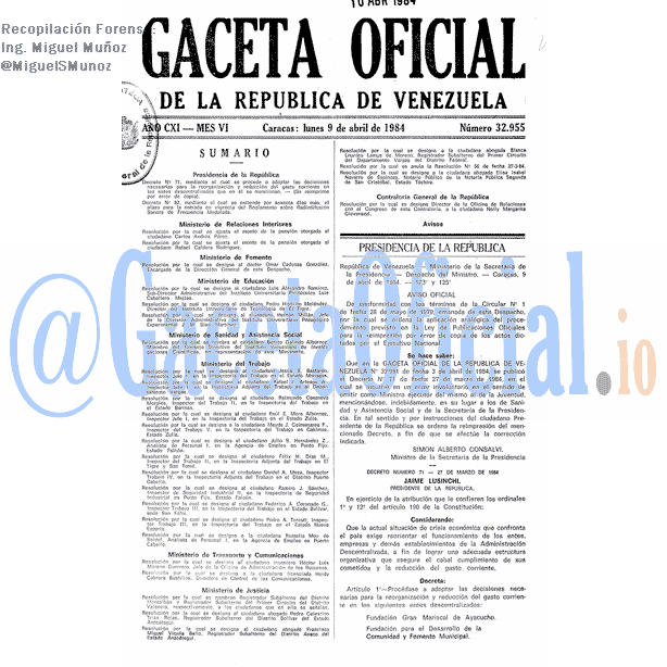Gaceta Oficial 32955 del 9 Abril 1984