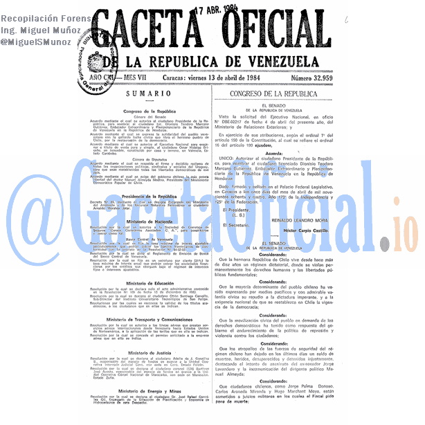 Gaceta Oficial 32959 del 13 Abril 1984