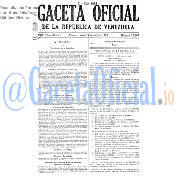 Gaceta Oficial 32967 del 30 Abril 1984