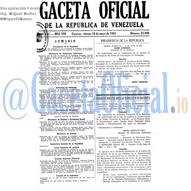 Gaceta Oficial 32980 del 18 Mayo 1984