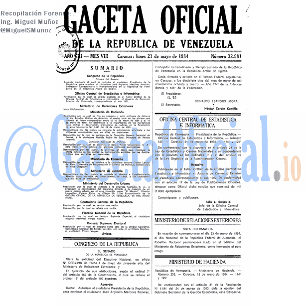 Gaceta Oficial 32981 del 21 Mayo 1984
