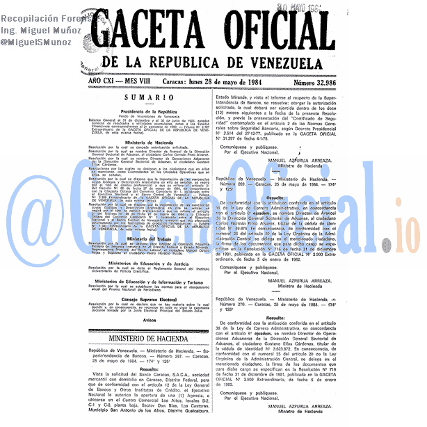 Gaceta Oficial 32986 del 28 Mayo 1984
