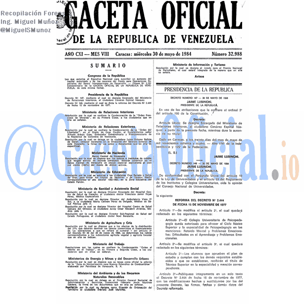 Gaceta Oficial 32988 del 30 Mayo 1984