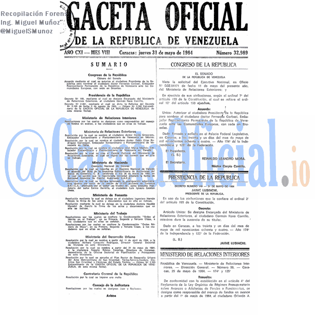 Gaceta Oficial 32989 del 31 Mayo 1984