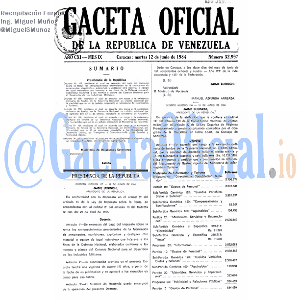 Gaceta Oficial 32997 del 12 Junio 1984