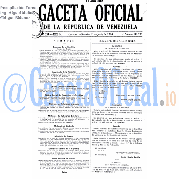 Gaceta Oficial 32998 del 13 Junio 1984