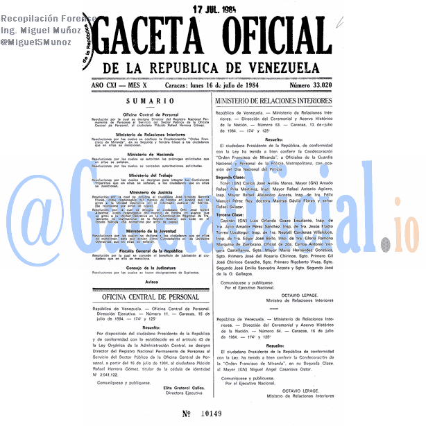 Gaceta Oficial 33020 del 16 Julio 1984