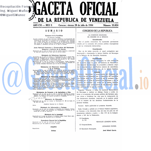 Gaceta Oficial 33024 del 20 Julio 1984