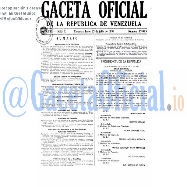 Gaceta Oficial 33025 del 23 Julio 1984