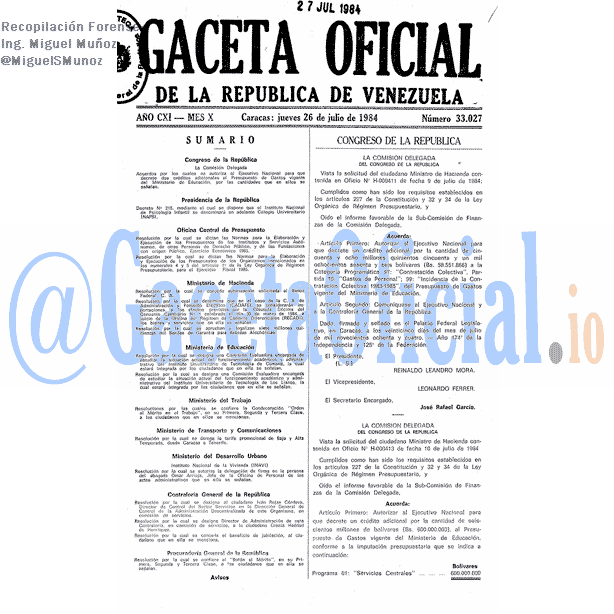 Gaceta Oficial 33027 del 26 Julio 1984