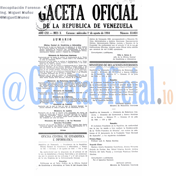 Gaceta Oficial 33031 del 1 Agosto 1984