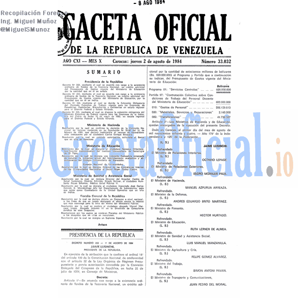 Gaceta Oficial 33032 del 2 Agosto 1984