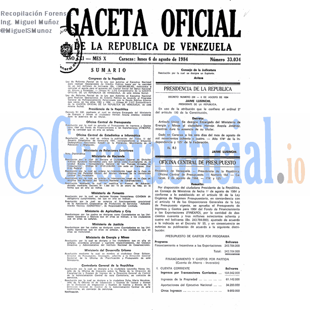 Gaceta Oficial 33034 del 6 Agosto 1984