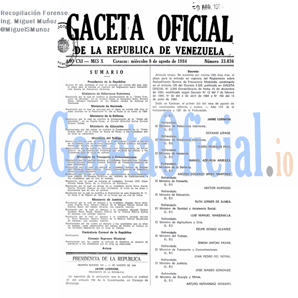 Gaceta Oficial 33036 del 8 Agosto 1984