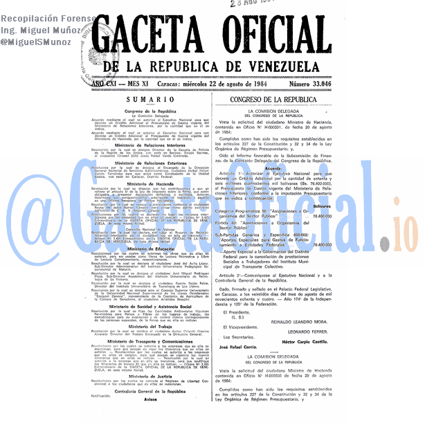 Gaceta Oficial 33046 del 22 Agosto 1984