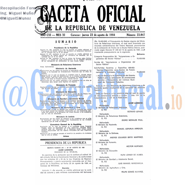Gaceta Oficial 33047 del 23 Agosto 1984