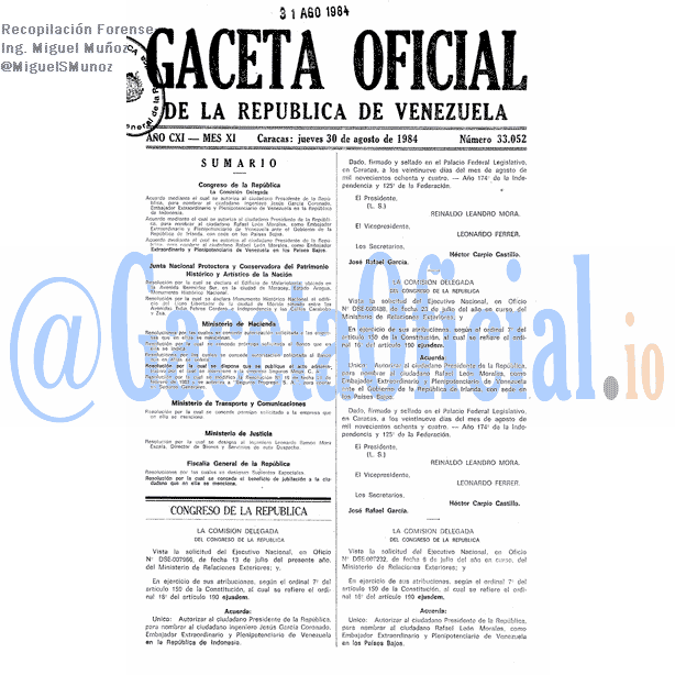 Gaceta Oficial 33052 del 30 Agosto 1984