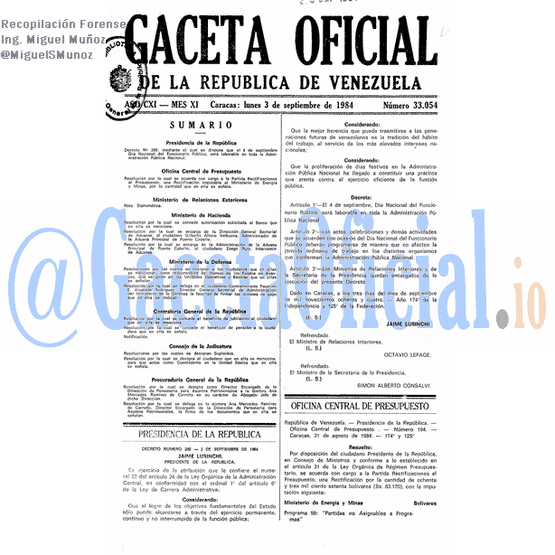 Gaceta Oficial 33054 del 3 Septiembre 1984