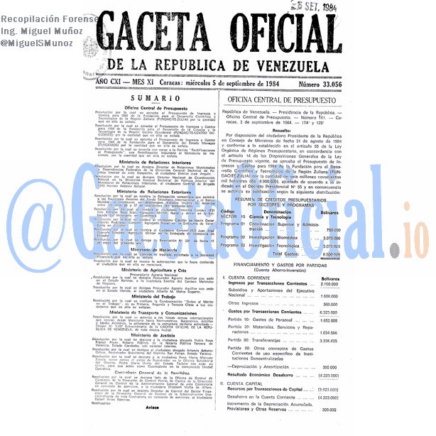Gaceta Oficial 33056 del 5 Septiembre 1984