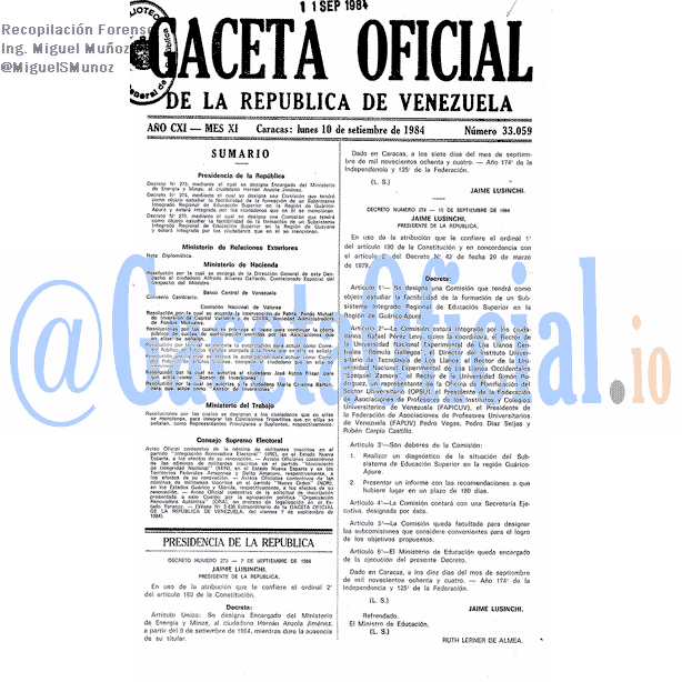 Gaceta Oficial 33059 del 10 Septiembre 1984