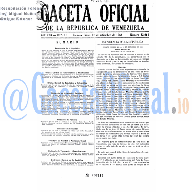 Gaceta Oficial 33064 del 17 Septiembre 1984