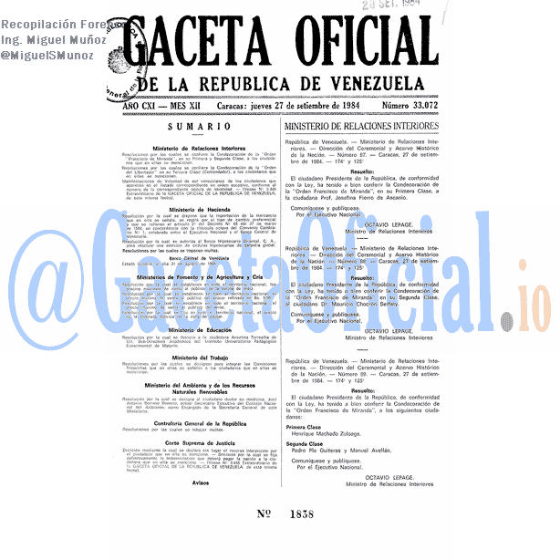 Gaceta Oficial 33072 del 27 Septiembre 1984