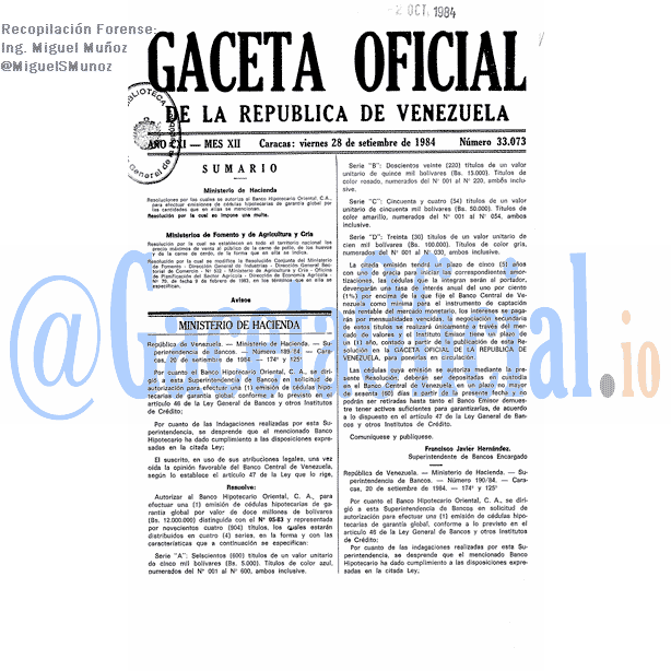 Gaceta Oficial 33073 del 28 Septiembre 1984