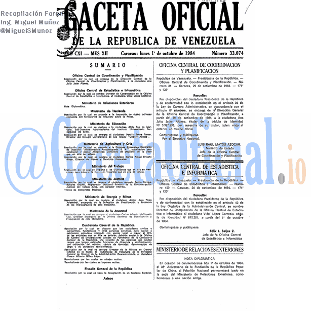 Gaceta Oficial 33074 del 1 Octubre 1984