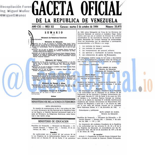 Gaceta Oficial 33075 del 2 Octubre 1984