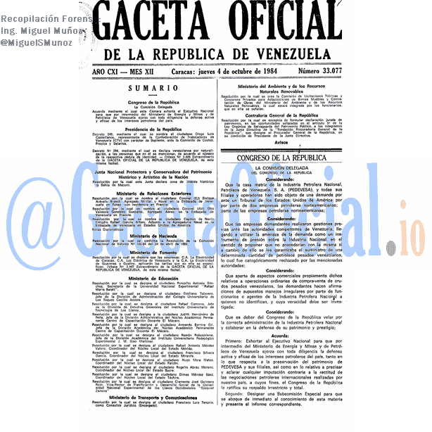 Gaceta Oficial 33077 del 4 Octubre 1984