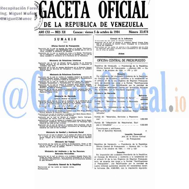 Gaceta Oficial 33078 del 5 Octubre 1984