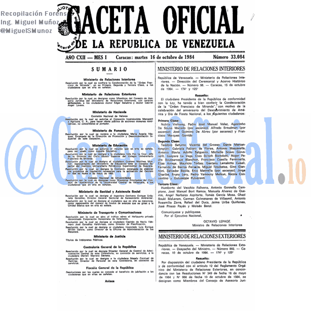 Gaceta Oficial 33084 del 16 Octubre 1984