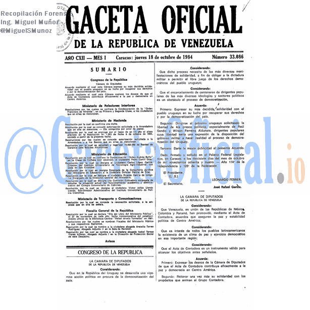 Gaceta Oficial 33086 del 18 Octubre 1984
