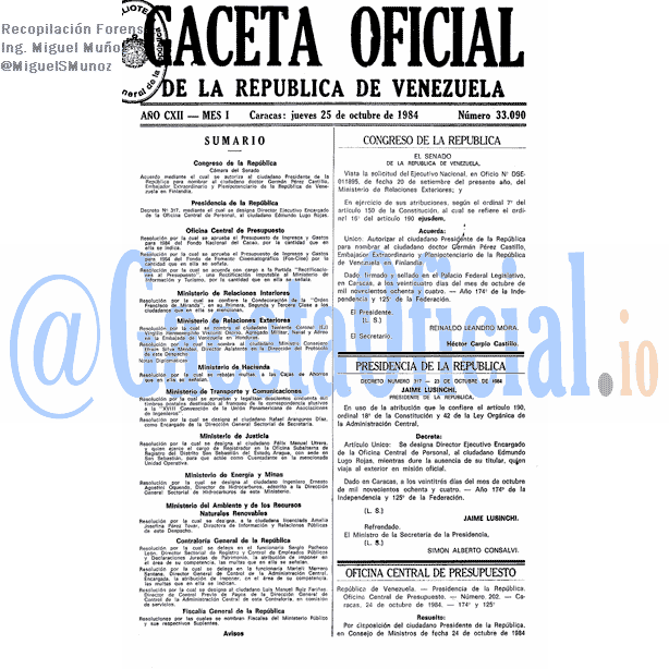 Gaceta Oficial 33090 del 25 Octubre 1984