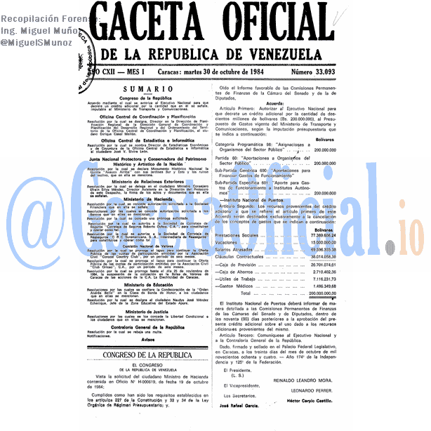 Gaceta Oficial 33093 del 30 Octubre 1984