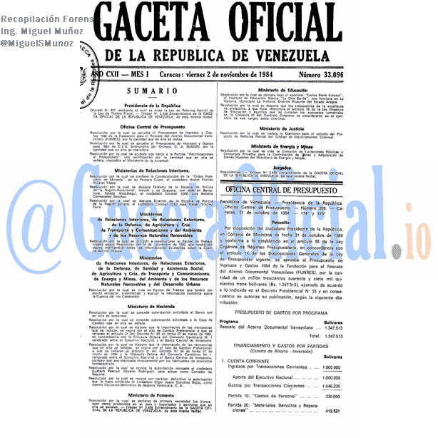 Gaceta Oficial 33096 del 2 Noviembre 1984