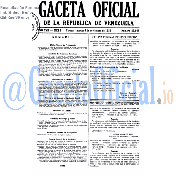 Gaceta Oficial 33098 del 6 Noviembre 1984