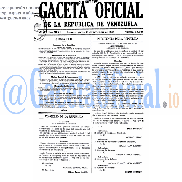 Gaceta Oficial 33105 del 15 Noviembre 1984