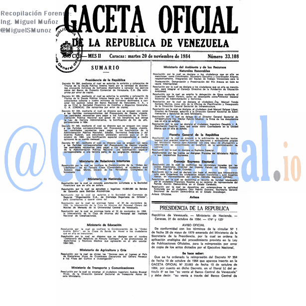 Gaceta Oficial 33108 del 20 Noviembre 1984